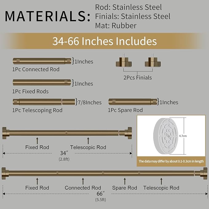 YNL Tension Shower Curtain Rod 34-66 Inch, Adjustable Spring Tension Curtain Rod No Drilling, Non-Slip, Never Rust, Stainless Steel, for Small Window Laundry Door Entryway, Gold