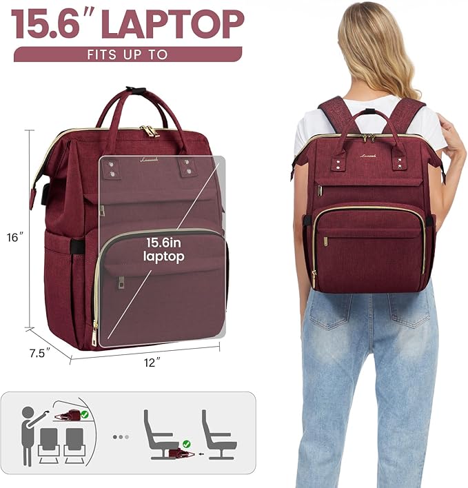 LOVEVOOK Laptop Backpack for Women,15.6 Inch Professional Womens Travel Backpack Purse Computer Laptop Bag Nurse Teacher Backpack,Waterproof College Work Bags Carry on Back Pack with USB Port,Wine Red