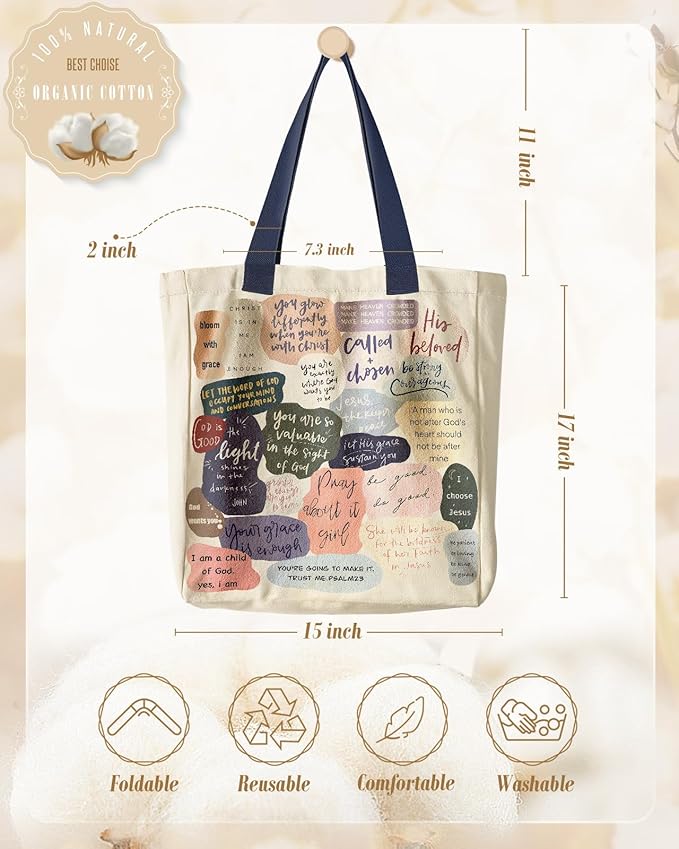 Aesthetic Heavy Canvas Tote Bag with Pocket for Women, Cloth Gusseted Totes Bag with Pattern for Shopping