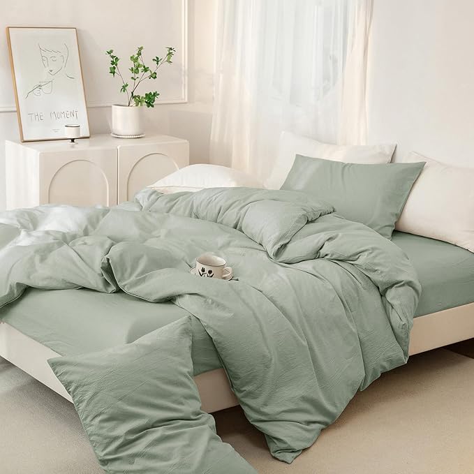 JIYUAN 100% Washed Cotton Duvet Cover Set 3 Pieces King, 1 Duvet Cover 104x90 Inches(Comforter Not Included) and 2 Pillowcases,Linen Feel Bedding Set Comfy and Breathable, Heathered Sage Green