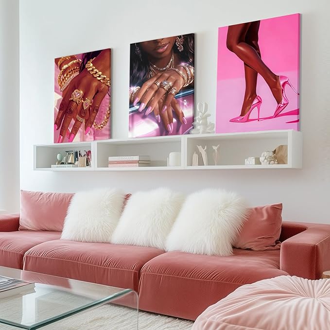 Pink Fashion Black Girl Canvas Wall Art Set of 3 African American Black Woman Posters Wall Decor Fashion Black Woman Pictures Prints for Living Room Bedroom Artwork Home Decoration 16x24Inch Framed