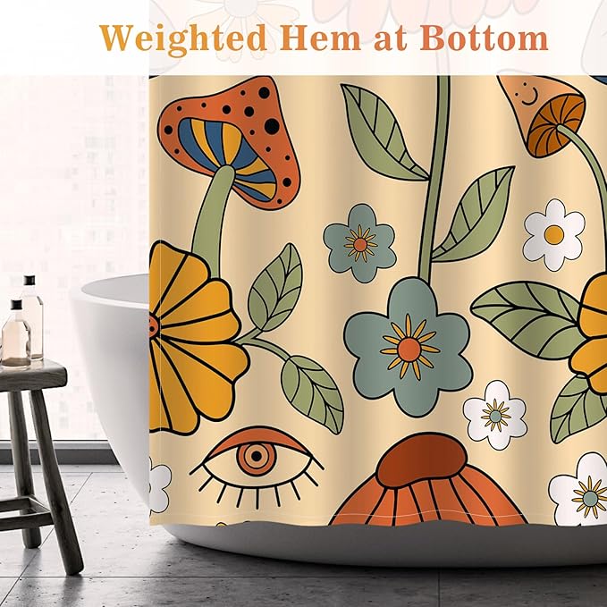 Aimego Extra Long Shower Curtain - Boho Mushroom 70s Retro Bohemian Floral Yellow Orange Flowers Eyes Bath Fabric Cloth Shower Curtain Set with 12 Hooks Bathroom Decor Bathtub Curtain, 72"x84"