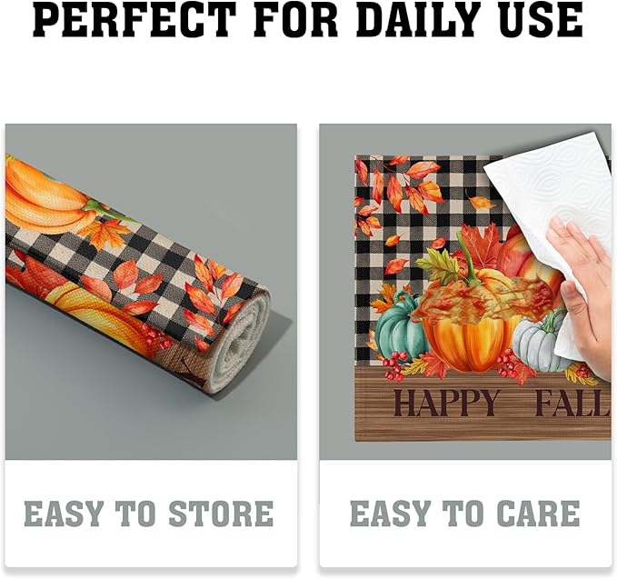 Giwawa Happy Fall Y'all Placemats Set of 4 Colorful Autumn Thanksgiving Pumpkins Leaves Decorative Linen Table Mat 12x18in Black Buffalo Plaids Non Slip Place Mat for Kitchen Dining Party Holiday