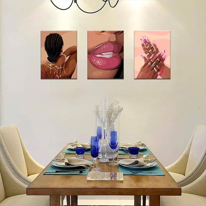 Black Girl Pink Wall Art Set of 3 African American Black Women Canvas Posters Fashion Black Girl Wall Decor Pictures Prints for Home Living Room Bedroom Bathroom Decoration 16x24 Inch Framed
