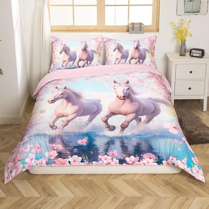 Watercolor Horse Duvet Cover King Size 3 Pcs Pink Cherry Blossom Wild Animals Bedding Set for Kids Girls Teens Dreamy Natural Flowers Plabts Decor Comforter Cover with 2 Pillowcases(No Comforter)