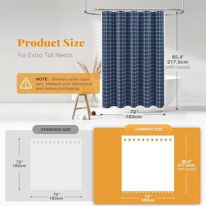 BTTN Extra Long Shower Curtain - 72x84 Inch Long Boho Chic Tassel Linen Fabric Shower Curtain Set with Hooks, Tall Modern Farmhouse Elegant Heavy Duty Cloth Shower Curtains for Bathroom - Navy Blue