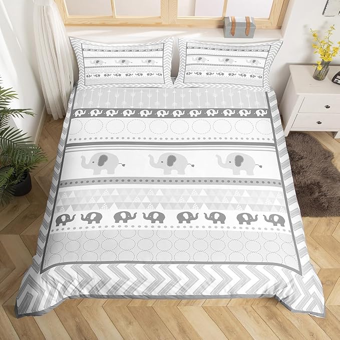 Kids Gray Elephant Duvet Cover Twin Size,Cartoon Cute Animals Print Comforter Cover Set for Kids Boys Girls,Geometric Grid Stripes Arrow Circle Bedding Quilt Cover Set Bedroom Decor, 2 Pieces