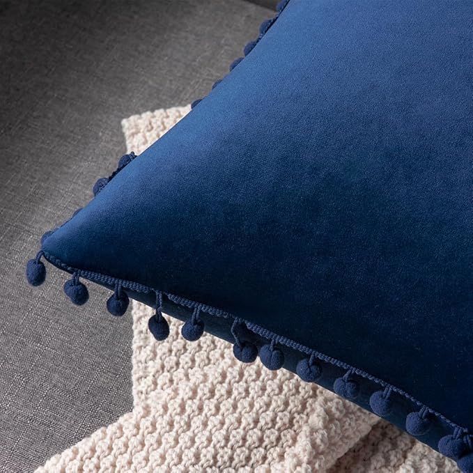 DEZENE 20x20 Throw Pillow Covers Dark-Blue: 2 Pack Cozy Soft Pom-poms Velvet Square Decorative Pillow Cases for Farmhouse Home Decor