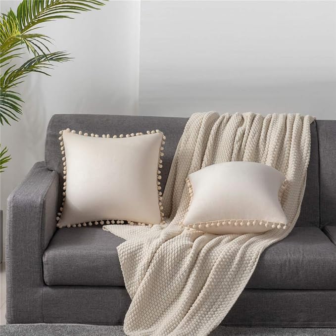 DEZENE Couch Pillow Covers 24x24 Cream: 2 Pack Cozy Soft Pom-poms Velvet Square Throw Pillow Cases for Farmhouse Home Decor