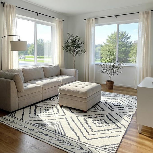 Area Rug 8x10 Rug Machine Washable Non-Slip Low Pile Print Pattern Western Rug for Living Room Bedroom Entryway Tribal Series -Navywhite/Black