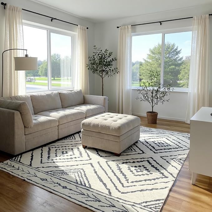 Area Rug 9x12 Rug Machine Washable Non-Slip Low Pile Print Pattern Western Rug for Living Room Bedroom Entryway Tribal Series -Navywhite/Black