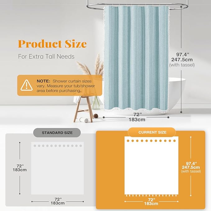 BTTN Extra Long Shower Curtain, 72x96 Long Striped Boho Chic Linen Fabric Heavy Duty Shower Curtain with Hooks, Tall Bohemian Farmhouse Luxury Tassel Thick Cloth Shower Curtain for Bathroom, Fog Blue