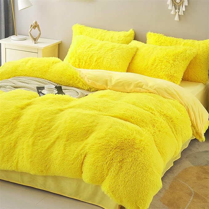 MorroMorn 5 PCS Shaggy Duvet Cover Bedding Set - Fluffy Comforter Cover Long Faux Fur Luxury Ultra Soft Cozy (Yellow, King/California King)