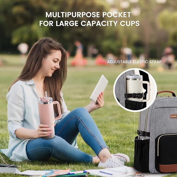 LOVEVOOK Laptop Backpack for Women with Pouch Pocket for Large Capacity Cup,18 Inch Teacher Nurse College Work Backpack Purse,Waterproof Laptop Bag Computer Back Pack for Travel, Grey-Black-Brown