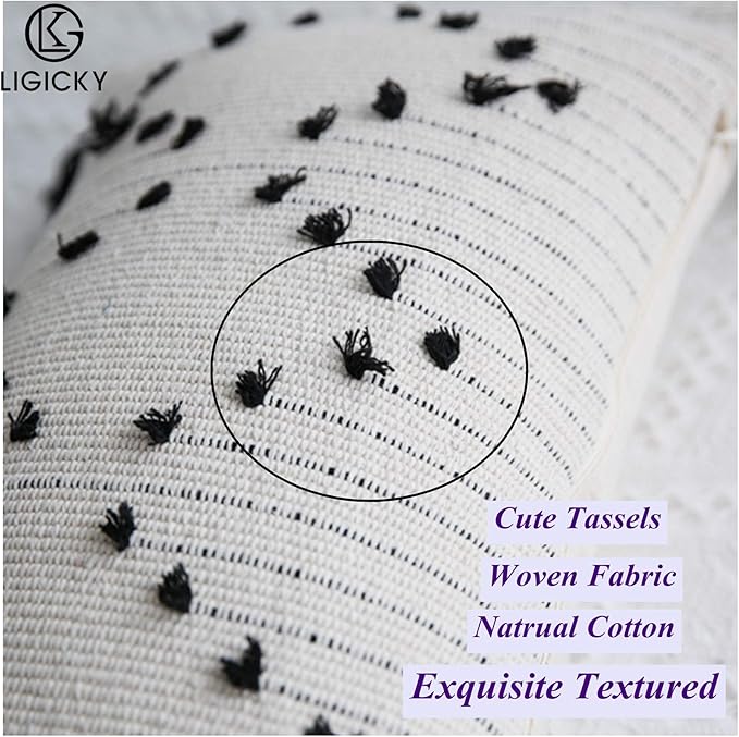 LIGICKY Boho Lumbar Pillow Covers 12x20 Inch Decorative Throw Pillows for Couch Chair Sofa Black and Off White Woven Tufted Pillow Case with Tassels