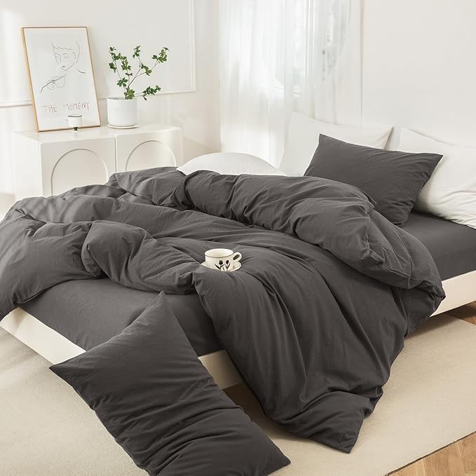 JIYUAN 100% Washed Cotton Duvet Cover Set 3 Pieces Full, 1 Duvet Cover 80x90 Inches(Comforter Not Included) and 2 Pillowcases,Linen Feel Bedding Set Comfy and Breathable,Solid Dark Grey