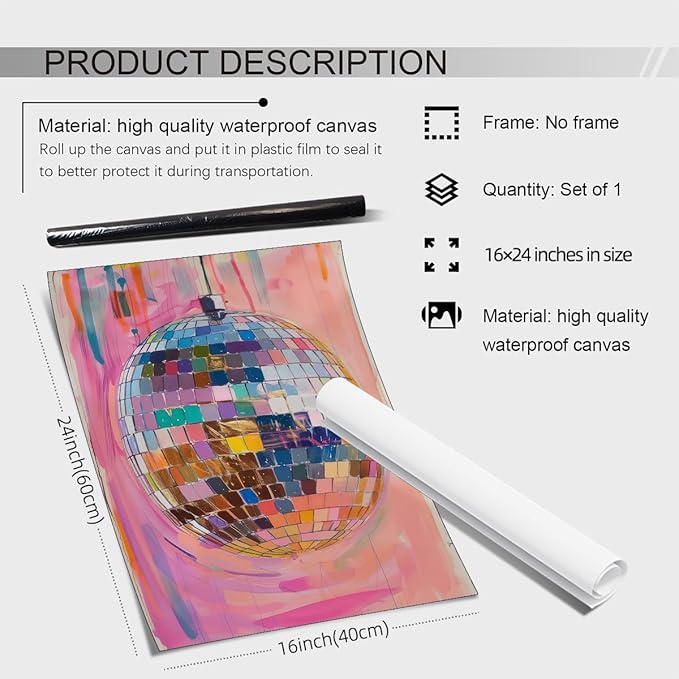 Sufeasdf Retro Pink Disco Ball Posters Cool Y2k Aesthetic Canvas Wall Art Fashion Pink and Orange Disco Ball Painting Prints for Girly Wall Decor 16x24 inch Unframed