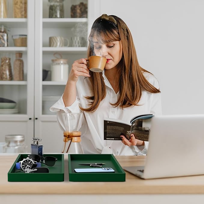 BBK Bathroom Vanity Tray 11.8 in- 2 Pack(Large) Silicone Bathroom Tray for Counter, Perfume Key Trinket Ring Soap Dispenser Countertop Tray for Kitchen Sink Organization (Green)