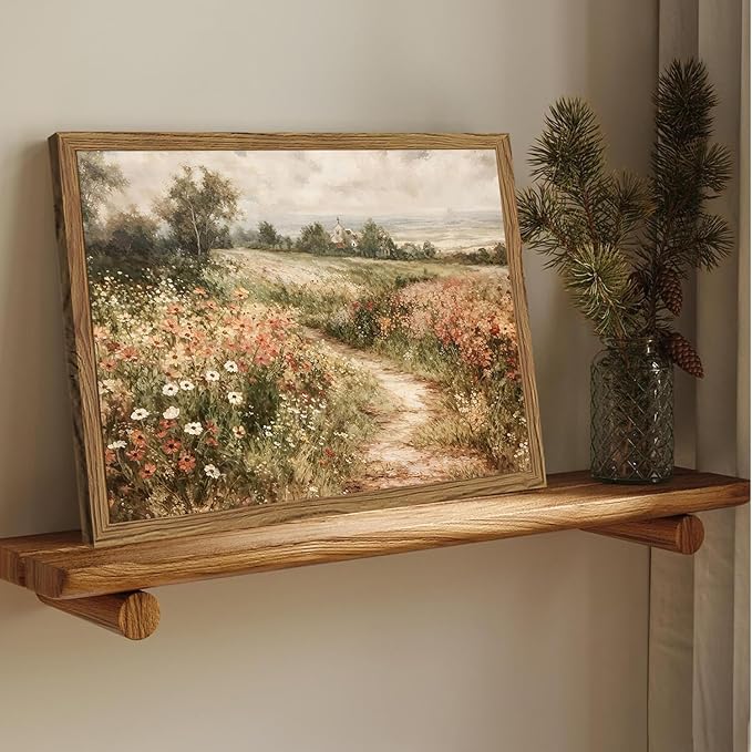 Framed 3D Textured Wall Art, Vintage Landscape Wall Decor Painting, Hand Drawn Sandstone Country Watercolor Floral Pictures Artwork for Living Room Bedroom Home Decor 16x24 inch Wood Frame