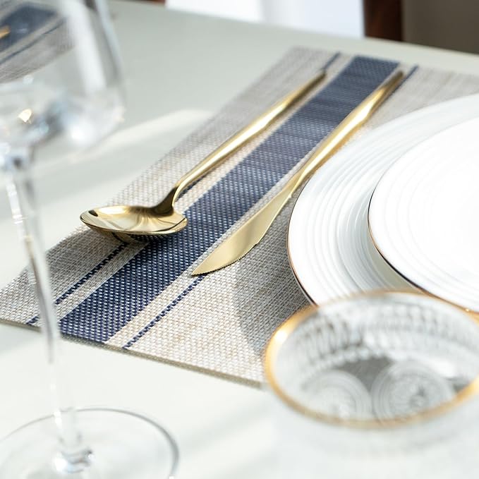 Placemats Set of 8 Vinyl/Plastic Woven Place Mats for Kitchen Table Indoor/Outdoor Washable Placemat Wipeable Dining Table Mats (Khaki Blue,8)