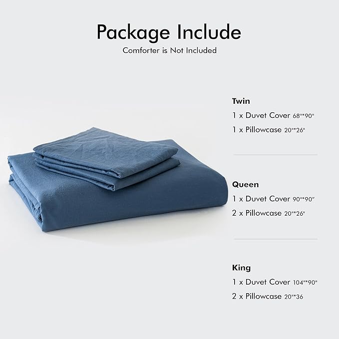 FOSSA Duvet Cover Set 100% Washed Cotton 3 Pieces Bedding Set Twill Soft Cozy Breathable Sturdy Substantial with Textured Weave Solid Federal Blue King