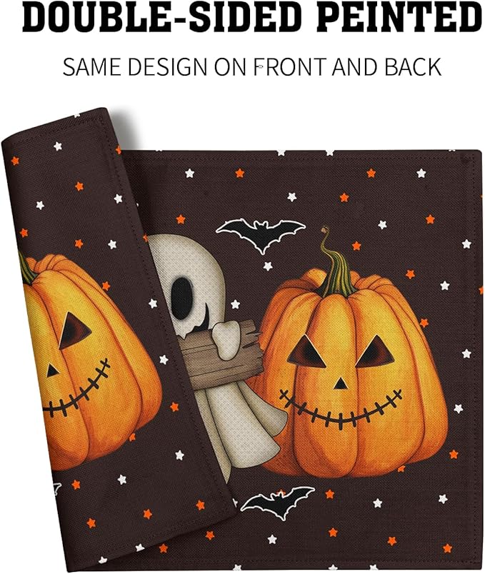 Giwawa Halloween Placemats Set of 4 Spooky Pumpkin Ghost Black Cat Bats Place Mat 12x18inch for Kitchen Tabletop Indoor Outdoor Non Slip Heat Resistant Table Mats for Dining Holiday Decor