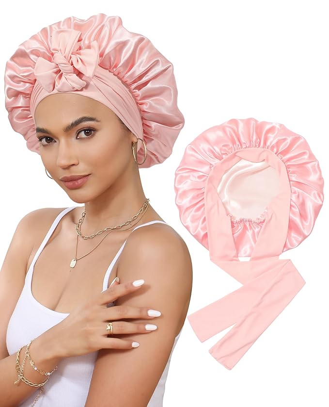 Satin Bonnet Silk Bonnet for Sleeping Silk Sleep Cap Double Layer Hair Bonnet with Elastic Tie Band for Curly Hair Night Cap (Apricot Powder+Champagne)