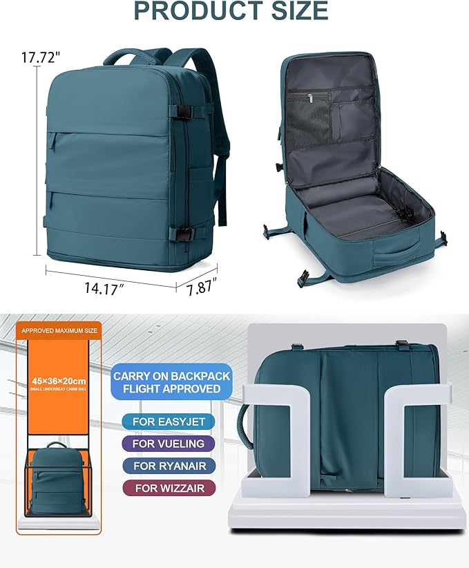coowoz Large Travel Backpack Carry On for Women Man Waterproof Gym Backpacks Mochila de Viaje Travel Bag Essentials Teacher Personal Item Backpack Rucksack Airplane Accessories Must Haves Peacock Blue