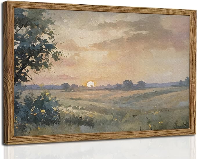 Framed 3D Textured Wall Art, Vintage Fall Sunset Wall Decor Painting, Hand Drawn Sandstone Nature Watercolor Landscape Pictures for Living Room Bedroom Home Decor 16x24 inch Wood Frame