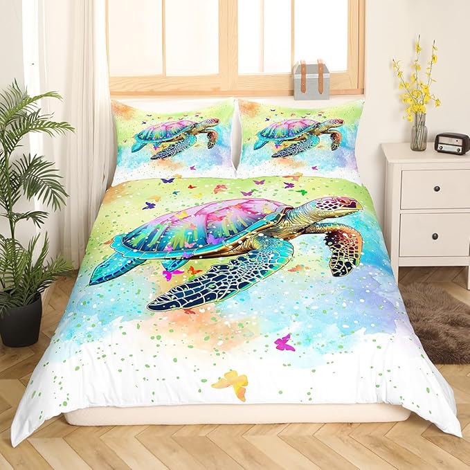 Castle Fairy Sea Turtle Duvet Cover Set Twin Size,Watercolor Tortoise Butterfly Comforter Cover for Kids Boys Bedroom Xmas Gift,Girly Dreaming Style Bedding Set with 1 Pillowcase Bedspread