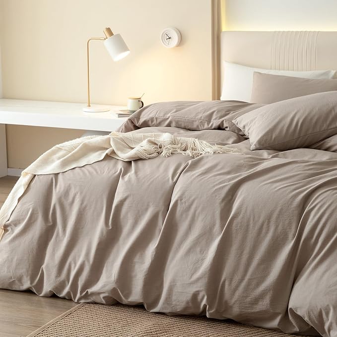 JIYUAN 100% Washed Cotton Duvet Cover Set 3 Pieces King, 1 Duvet Cover 104x90 Inches(Comforter Not Included) and 2 Pillowcases,Linen Feel Bedding Set Comfy and Breathable, Heathered Warm Taupe