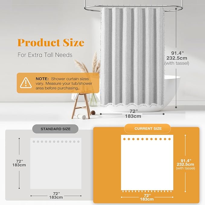 BTTN Extra Long Shower Curtain - 72x90 Inch Striped Boho Linen Fabric Heavy Duty Shower Curtain Set with Plastic Hooks, Modern Bohemian Farmhouse Luxury Tassel Cloth Shower Curtains for Bathroom, Grey
