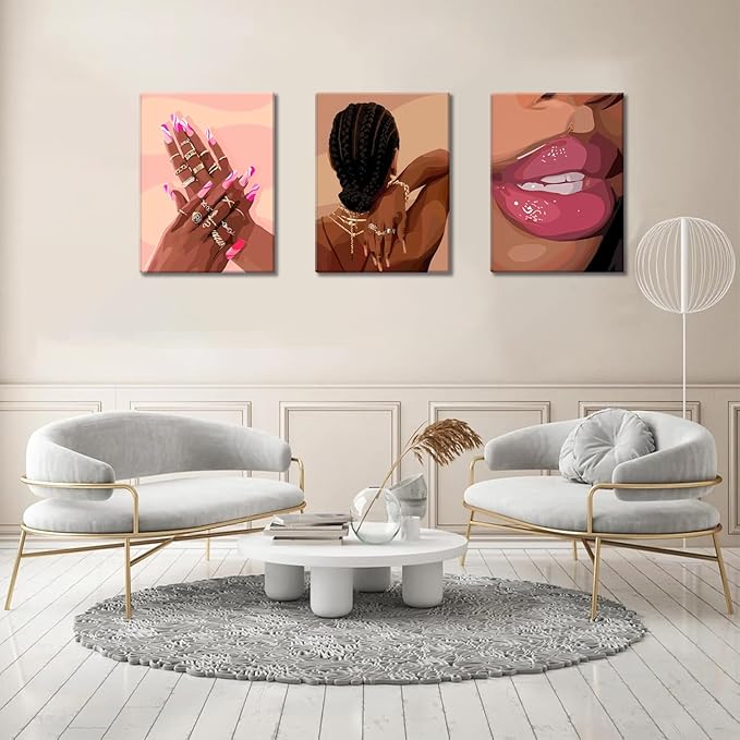Black Girl Pink Wall Art Set of 3 African American Black Women Canvas Posters Fashion Black Girl Wall Decor Pictures Prints for Home Living Room Bedroom Bathroom Decoration 16x24 Inch Framed