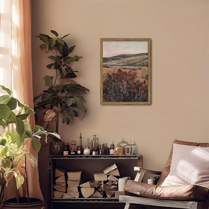 Framed 3D Textured Wall Art, Vintage Landscape Wall Decor Painting, Hand Drawn Sandstone Moody Dark Wildflower Pictures Artwork for Living Room Bedroom 12x16 inch Wood Frame