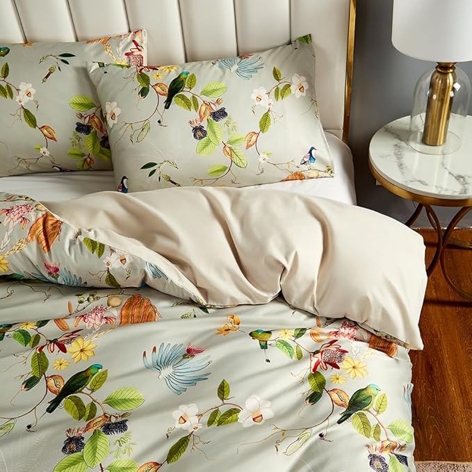 mixinni Duvet Cover Full Size Set Floral Leaves Pattern Cotton Bird Printed Bedding Duvet Covet Set with Zipper Ties, Perfect for Him and Her, Easy Care, Soft and Breathable-(3pcs, Full Size)