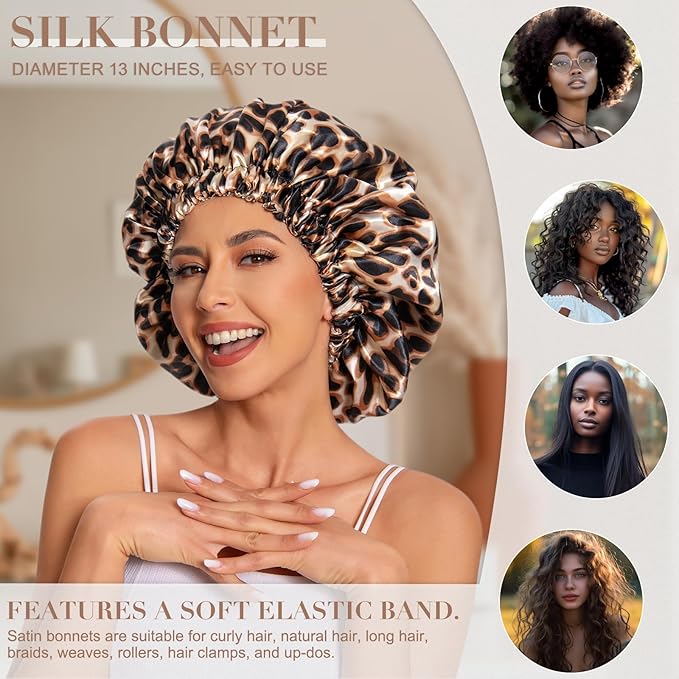 Satin Bonnet Silk Bonnet Hair Bonnet for Sleeping-Slouchy Beanie Hat Satin Sleep Cap for Women's Natural & Curly Hair(Leopard)