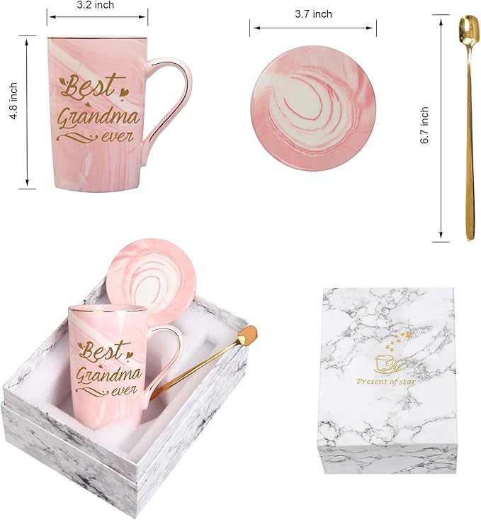 Best Grandma Mug Best Grandma Ever Mug Grandma gifts Birthday Mothers Day Gifts for Grandma from Granddaughter Grandson Grandchildren Grandkids 14 Ounce Exquisite Box Spoon and Mug Mat Pink