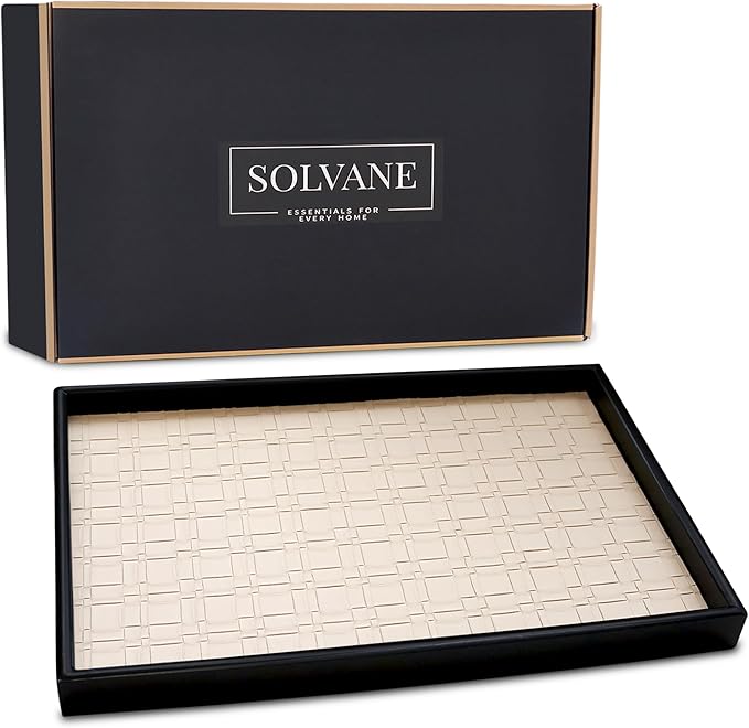 Solvane Wooden Serving Tray - 15x11in Rectangular Ottoman & Coffee Table Tray, Decorative Wood Tray with PU Leather Base for Living Room, Kitchen, Bathroom & Vanity