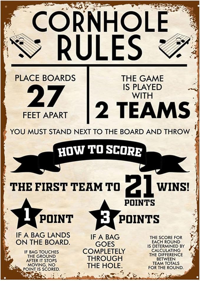 Cornhole Rules Sign Retro Vintage Metal Games Tin Signs Funny Classic Cornhole Board Decor Poster Man Cave Wall Art 8x12 Inch