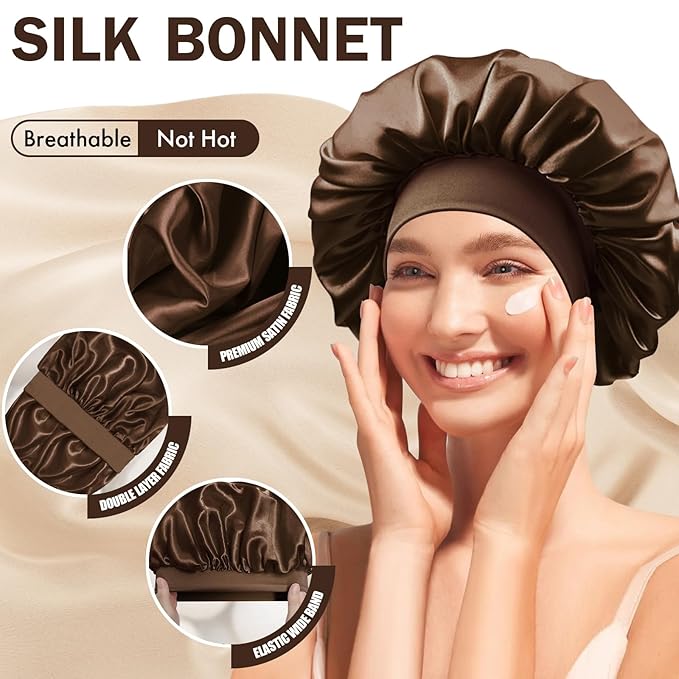 Satin Silk Bonnet for Sleeping, Double Layer Silk Sleep Cap for Men & Women, Soft Satin Lined Bonnet for Natural & Curly Hair(Dark Brown)