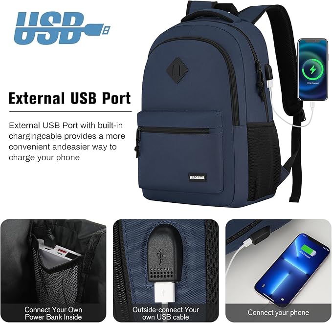 Backpack for Men and Women, School Backpack Teens Boys and Girls 15.6 Inch Laptop Bookbag with USB Charger for High School College Work Travel Business (Dark Blue)