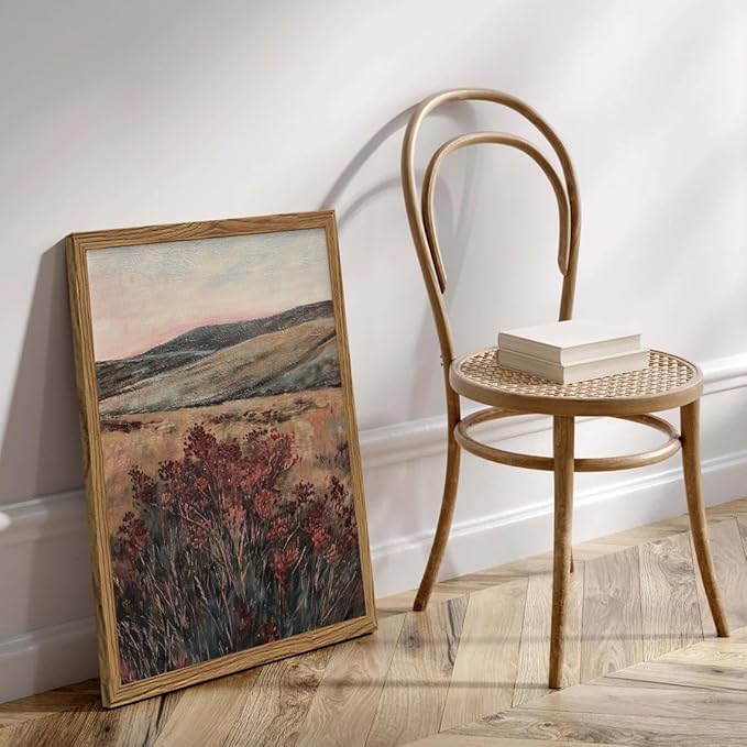 Framed 3D Textured Wall Art, Vintage Landscape Wall Decor Painting, Hand Drawn Sandstone Moody Dark Wildflower Pictures Artwork for Living Room Bedroom 12x16 inch Wood Frame