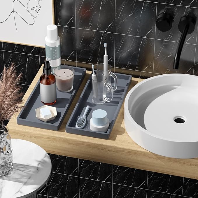 BBK Bathroom Vanity Tray 11.8 in- 2 Pack(Large) Silicone Bathroom Tray for Counter, Perfume Key Trinket Ring Tray, Decor Soap Dispenser Countertop Tray for Kitchen Sink Organization (Gray) (VT2)
