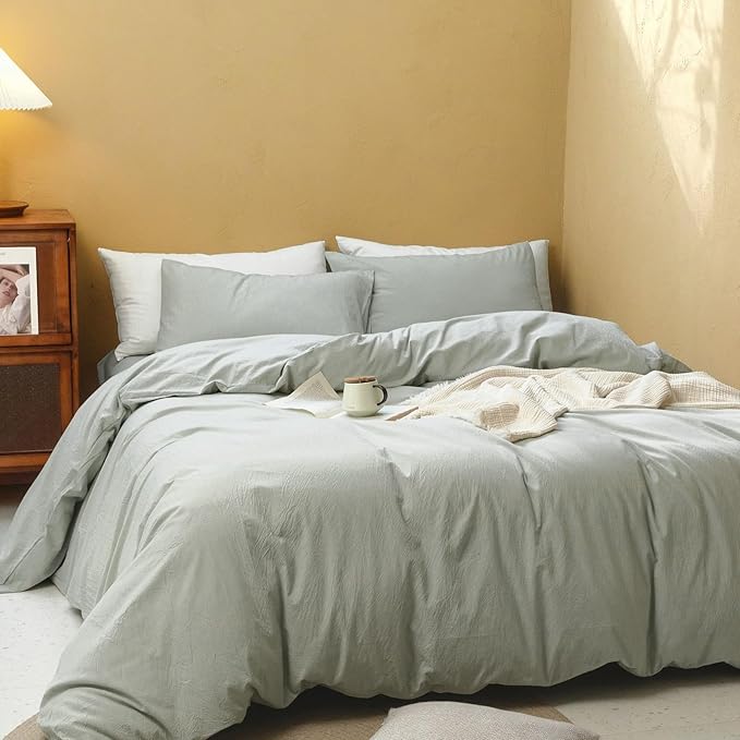 FOSSA Duvet Cover Set 100% Washed Cotton Linen Feel Super Soft Breathable Cozy Simple Style 3 Pieces Bedding Sets Solid Sage Green Oversized King Plus