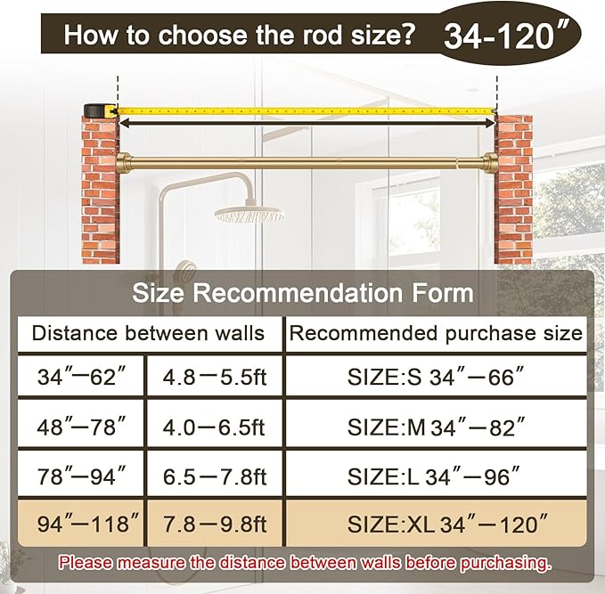 YNL Shower Curtain Rod 34-120 Inches, Adjustable Gold Shower Rod No Drilling, Non-Slip, Never Rust, Stainless Steel, Suitable for Bathroom Living Room, Gold