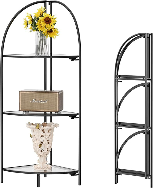 Crofy Foldable 3 Tier Corner Shelf, Metal Corner Plant Stand with Black Frame and Transparent Shelves, Corner Display Rack Multipurpose Shelving Unit for Living Room, Bedroom, Bathroom
