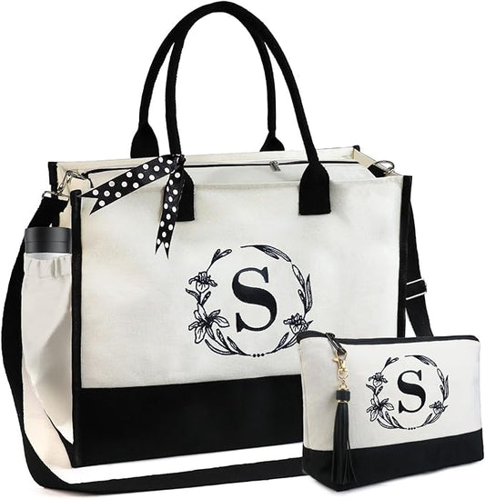 BeeGreen Embroidery Monogram Initial Tote Bag for Women Teacher Mom Friend Personalized Gift for Birthday Beach Work Wedding