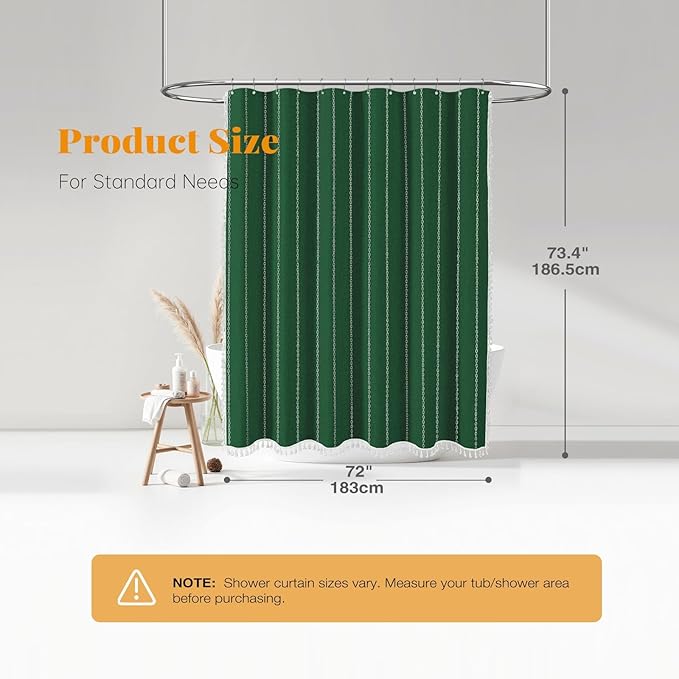BTTN Boho Farmhouse Shower Curtains, Linen Rustic Weighted Striped Fabric Shower Curtain with Tassel, Water Repellent, Bohemian Vintage Country Cloth Shower Curtain for Bathroom, Emerald Green, 72x72