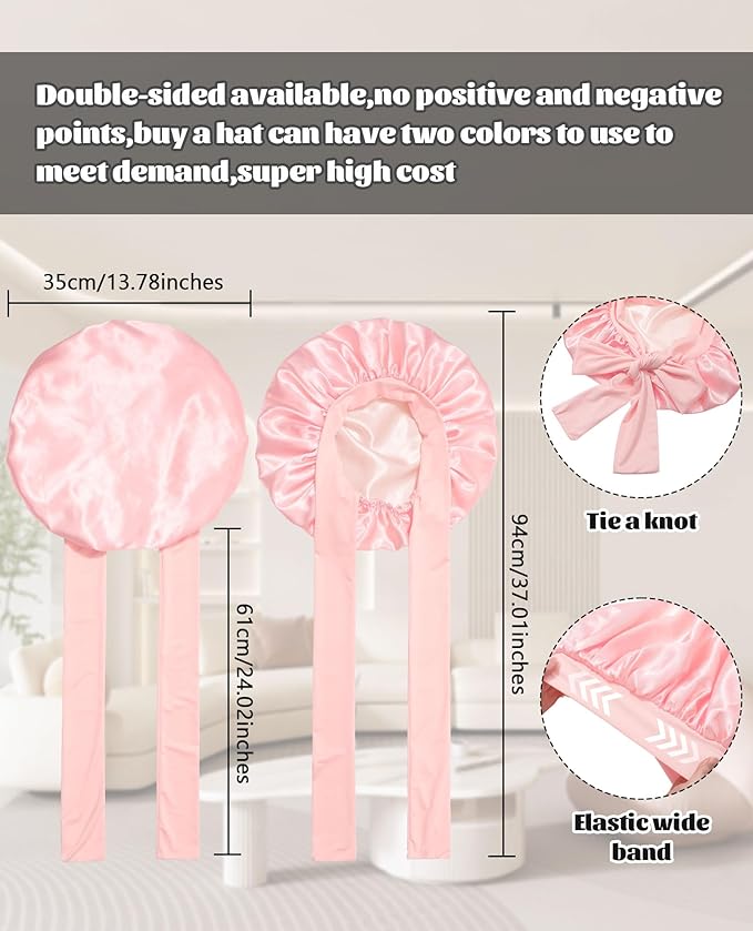 Satin Bonnet Silk Bonnet for Sleeping Silk Sleep Cap Double Layer Hair Bonnet with Elastic Tie Band for Curly Hair Night Cap (Apricot Powder+Champagne)