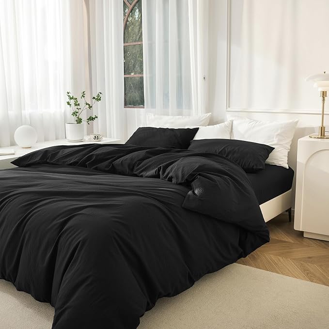 JIYUAN 100% Washed Cotton Duvet Cover Set 3 Pieces Queen, 1 Duvet Cover 90x90 Inches(Comforter Not Included) and 2 Pillowcases,Linen Feel Bedding Set Comfy and Breathable,Black